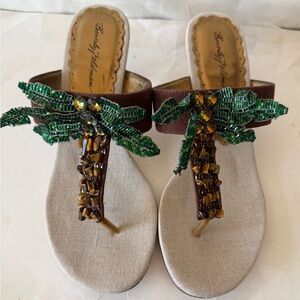 Beverly Feldman Brown and Green Sequin Sandals Featuring Palm Tree Straps, 7.5M